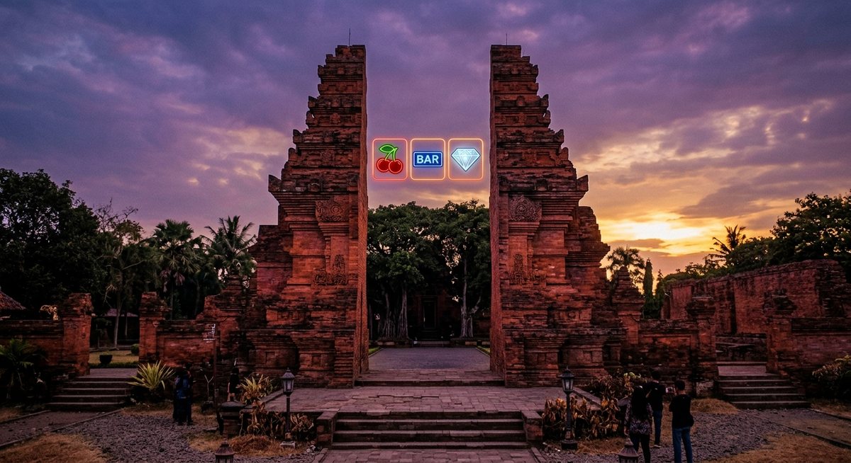 Candi bata merah Trowulan berselimut cahaya senja dengan gapura tinggi dan gulungan slot simbol ceri BAR berlian menyala emas di halamannya